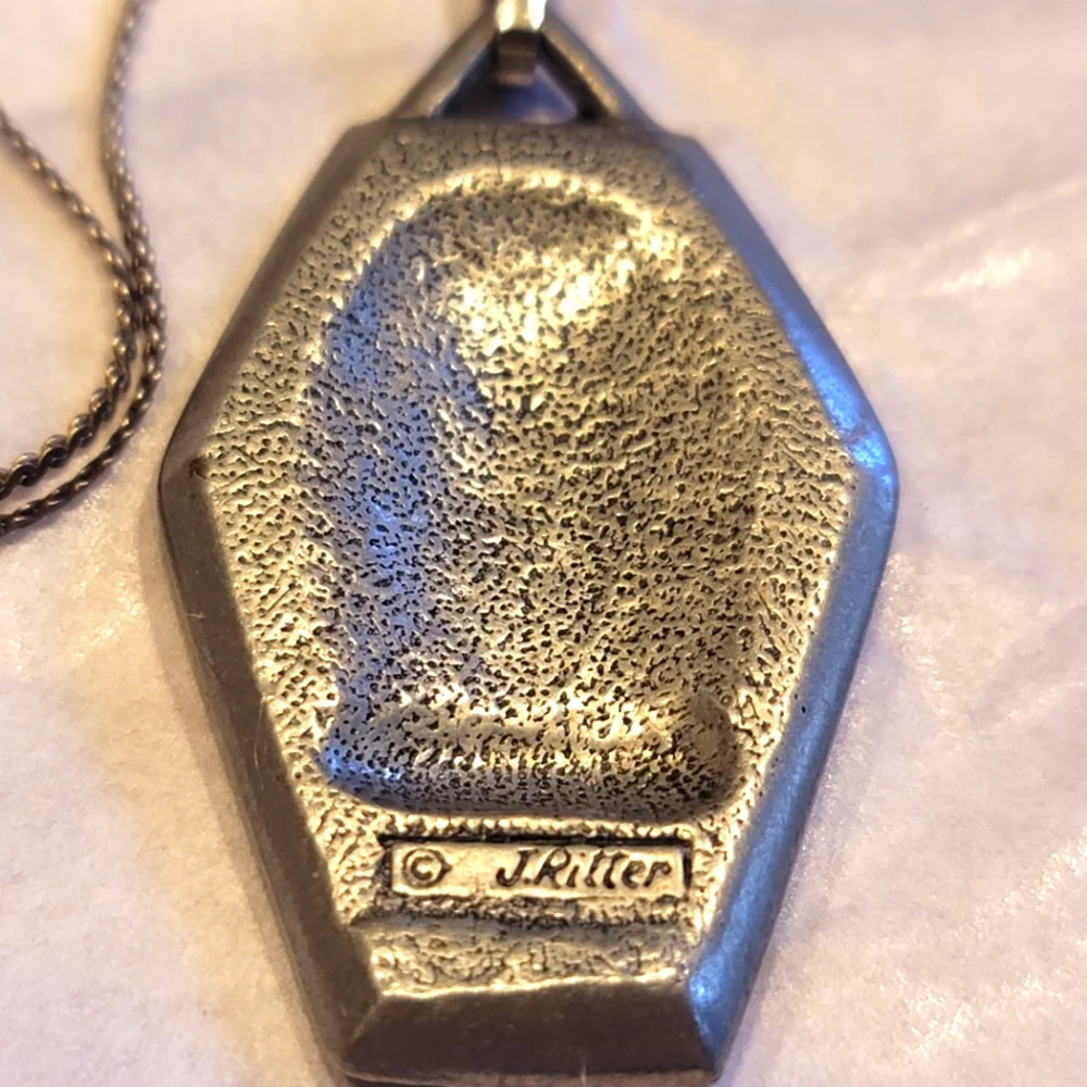 VTG J. Ritter Signed Pewter Owl Necklace With Blue Eyes, Silver Tone 24" - Picture 5 of 6